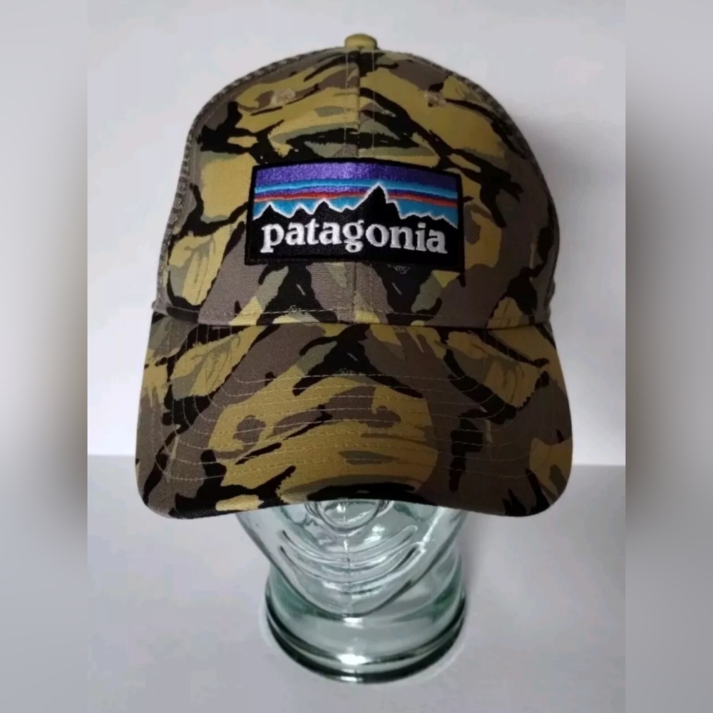 Patagonia P6 LoPro Trucker Hat Big Camo Tan Mesh Fishing Cap Organic Cotton